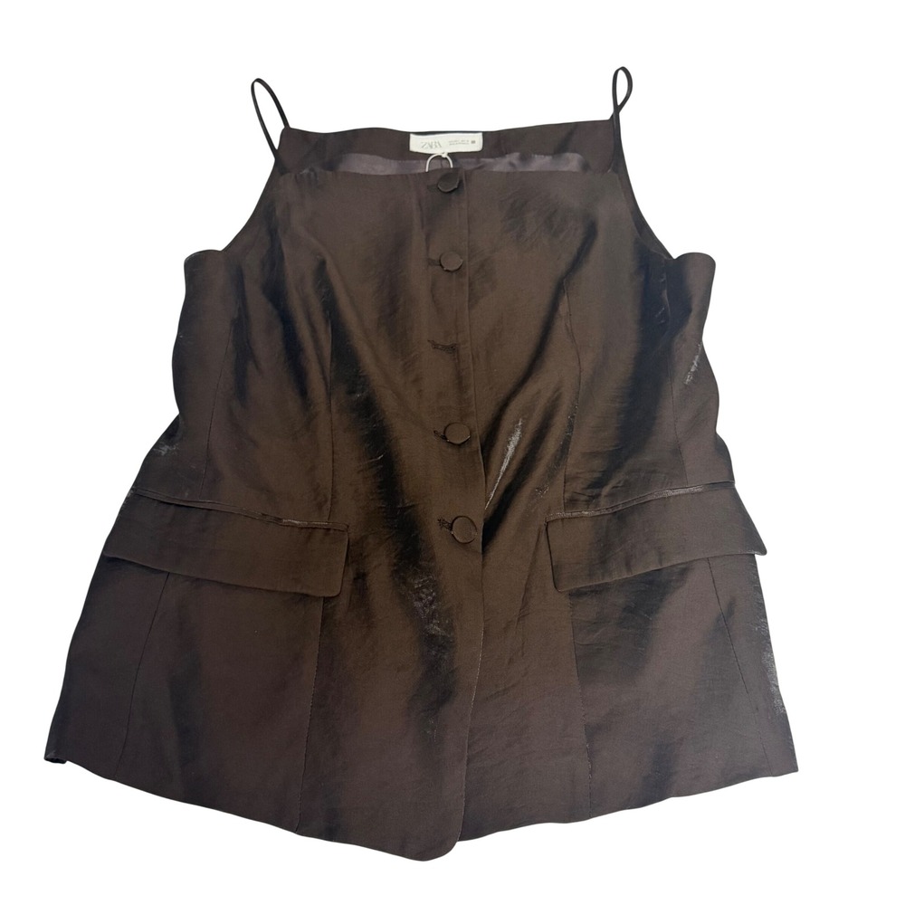 Zara Womens Dark Brown Modal Blend Shimmer Button Front Cami Top Large 90s Y2K